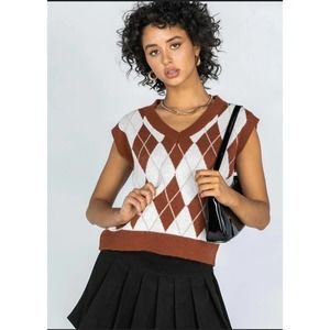 V-neck Argyle Pattern Sweater Vest Brown/Cream Sz S